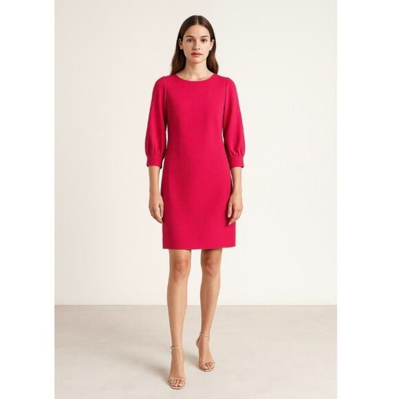 Laura Bernal Hot Pink Puff Sleeve Shift Dress 42 US 10 Elegant Chic Cocktail - Picture 1 of 13